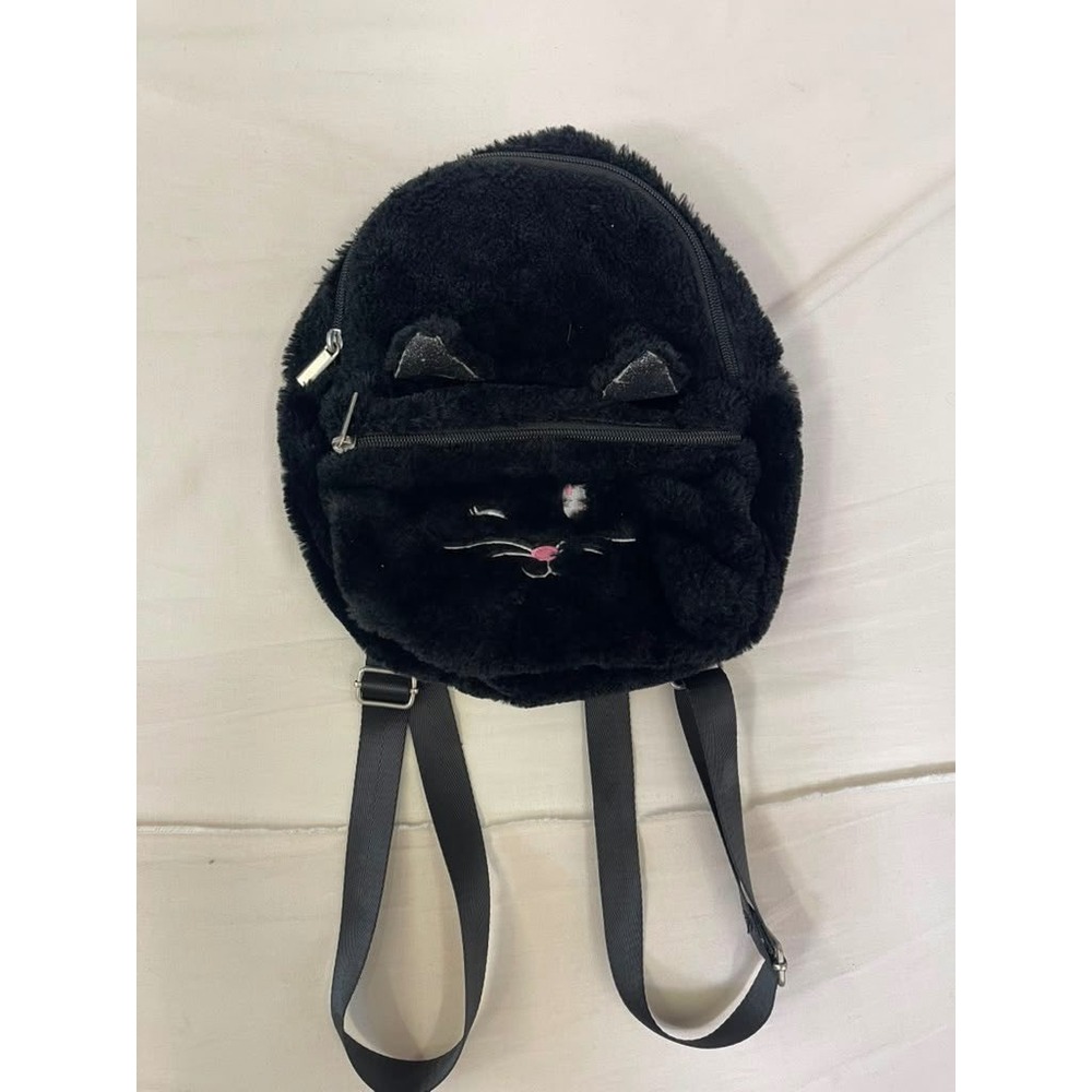 Olivia Miller Kids Black Faux Fur Cat Mini Backpack Glitter Ears Winking Face